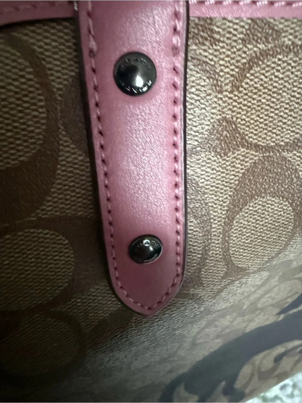 Coach Brown Signature Canvas Tote with Pink Trim and Unicorn Graphic